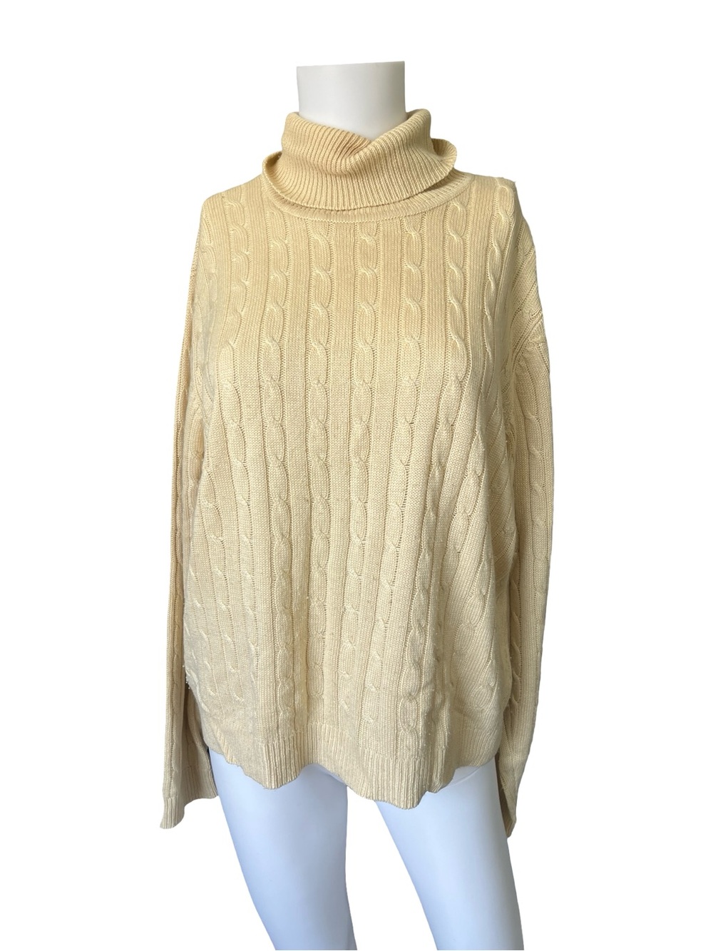 Talbots Turtleneck Sweater Cable Knit Silk Cashmere Tan Neutral Womens Size XL
